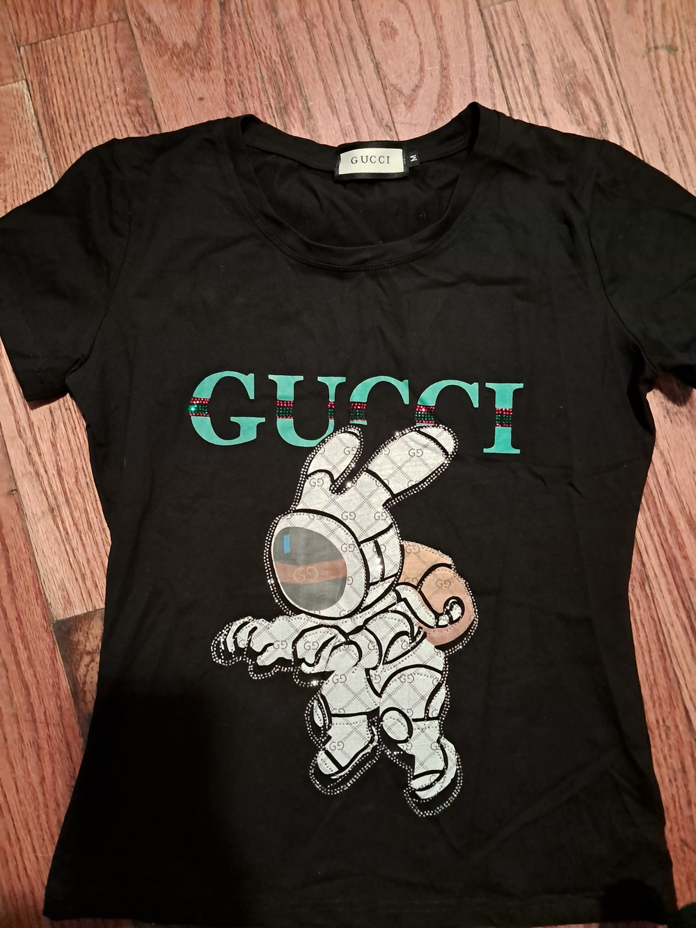Gucci Black Graphic Tee with Green Logo and Multicolor Astronaut Rabbit
